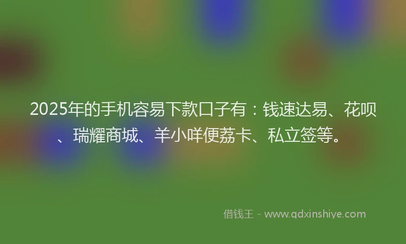 2025年的手机容易下款口子有：钱速达易、花呗、瑞耀商城、羊小咩便荔卡、私立签等。