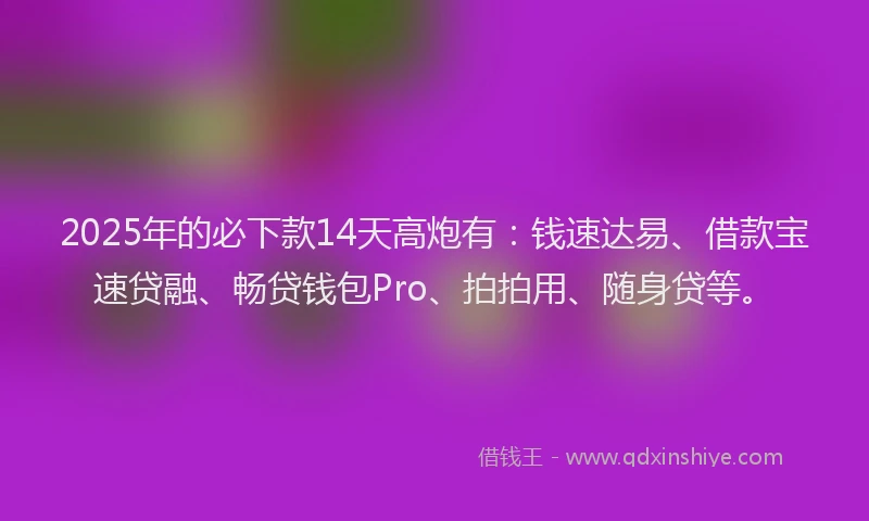 2025年的必下款14天高炮有：钱速达易、借款宝速贷融、畅贷钱包Pro、拍拍用、随身贷等。