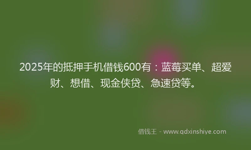 2025年的抵押手机借钱600有：蓝莓买单、超爱财、想借、现金侠贷、急速贷等。