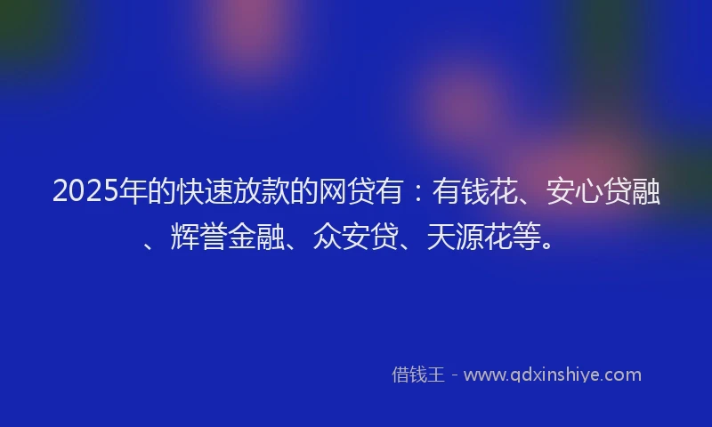 2025年的快速放款的网贷有：有钱花、安心贷融、辉誉金融、众安贷、天源花等。