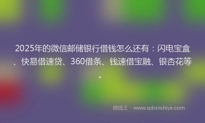 2025年的微信邮储银行借钱怎么还有：闪电宝盒、快易借速贷、360借条、钱速借宝融、银杏花等。