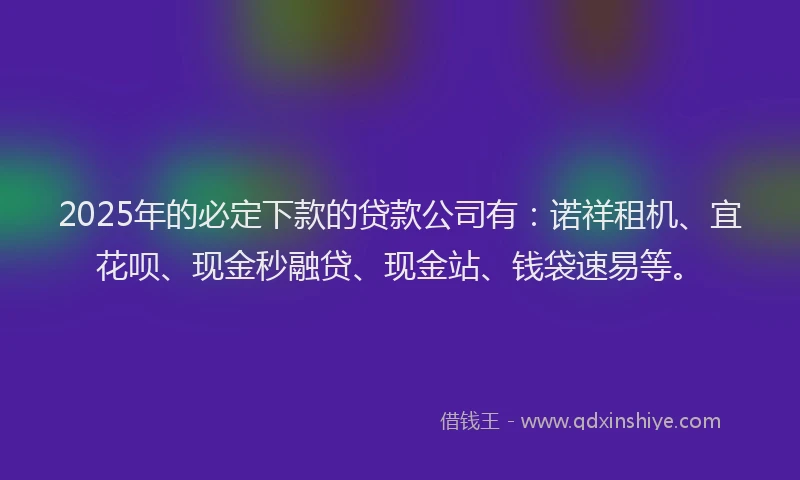 2025年的必定下款的贷款公司有：诺祥租机、宜花呗、现金秒融贷、现金站、钱袋速易等。