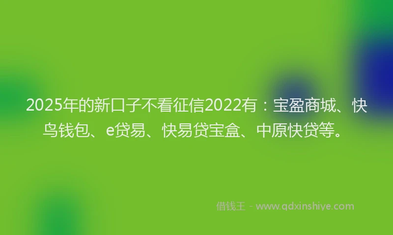 2025年的新口子不看征信2022有：宝盈商城、快鸟钱包、e贷易、快易贷宝盒、中原快贷等。
