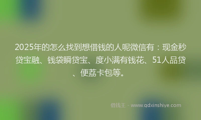 2025年的怎么找到想借钱的人呢微信有：现金秒贷宝融、钱袋瞬贷宝、度小满有钱花、51人品贷、便荔卡包等。