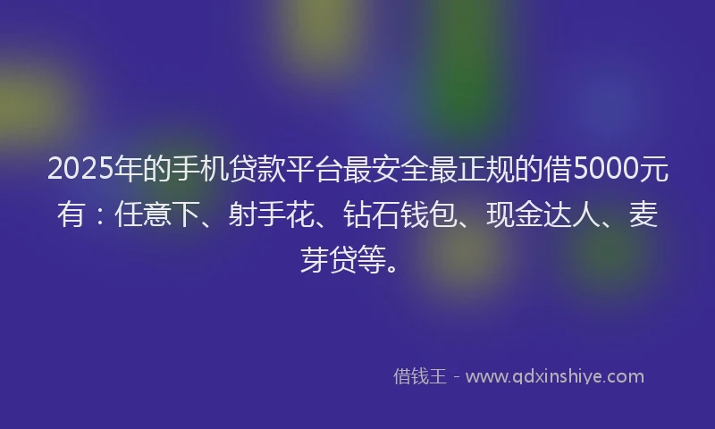 2025年的手机贷款平台最安全最正规的借5000元有：任意下、射手花、钻石钱包、现金达人、麦芽贷等。