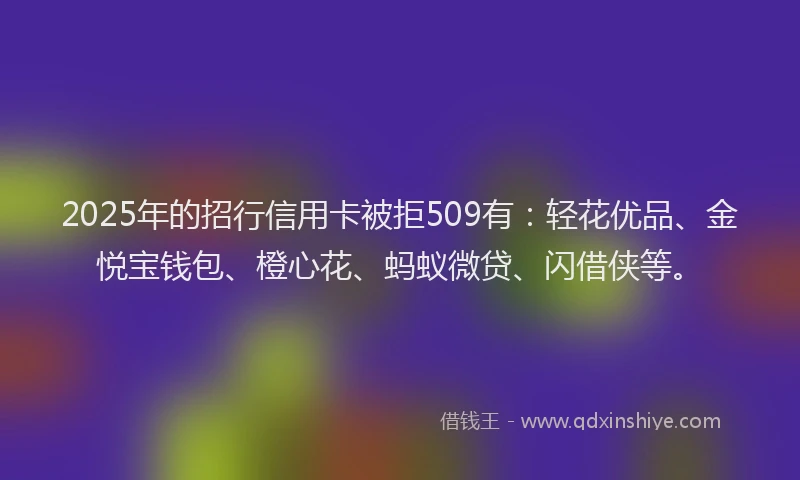 2025年的招行信用卡被拒509有：轻花优品、金悦宝钱包、橙心花、蚂蚁微贷、闪借侠等。