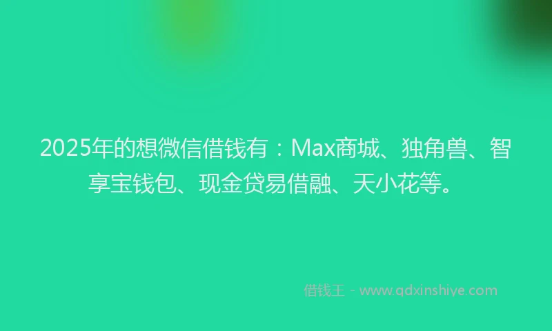2025年的想微信借钱有：Max商城、独角兽、智享宝钱包、现金贷易借融、天小花等。