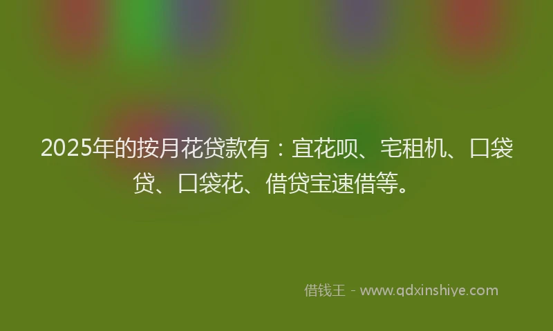 2025年的按月花贷款有：宜花呗、宅租机、口袋贷、口袋花、借贷宝速借等。