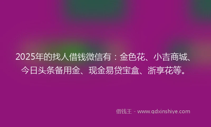 2025年的找人借钱微信有：金色花、小吉商城、今日头条备用金、现金易贷宝盒、浙享花等。