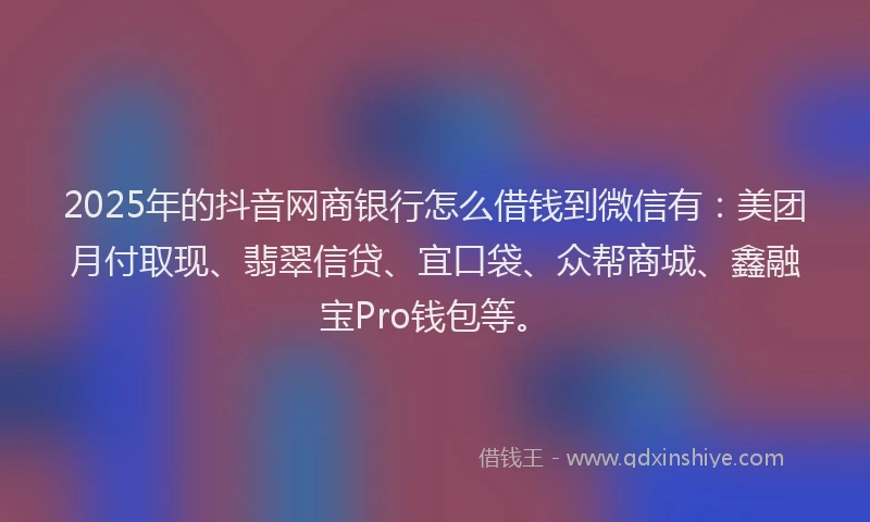 2025年的抖音网商银行怎么借钱到微信有：美团月付取现、翡翠信贷、宜口袋、众帮商城、鑫融宝Pro钱包等。