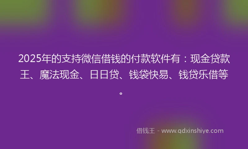 2025年的支持微信借钱的付款软件有：现金贷款王、魔法现金、日日贷、钱袋快易、钱贷乐借等。