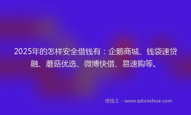 2025年的怎样安全借钱有：企鹅商城、钱袋速贷融、蘑菇优选、微博快借、易速购等。
