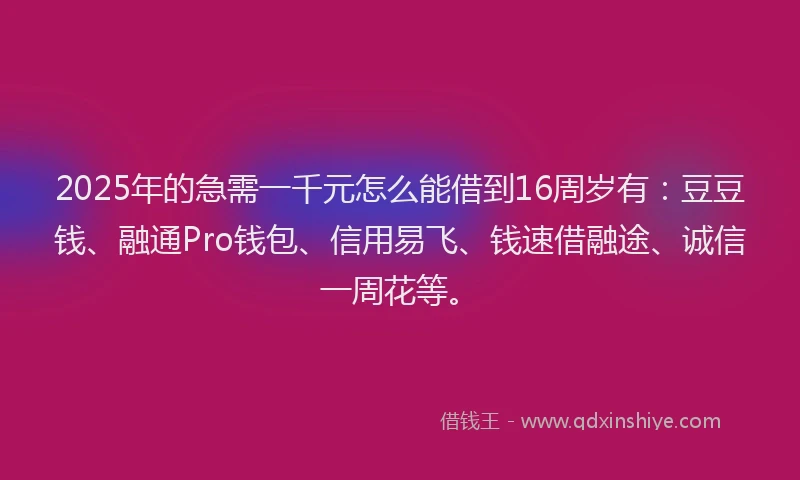 2025年的急需一千元怎么能借到16周岁有：豆豆钱、融通Pro钱包、信用易飞、钱速借融途、诚信一周花等。
