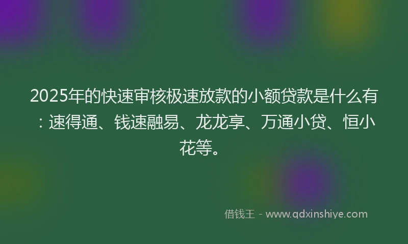2025年的快速审核极速放款的小额贷款是什么有：速得通、钱速融易、龙龙享、万通小贷、恒小花等。