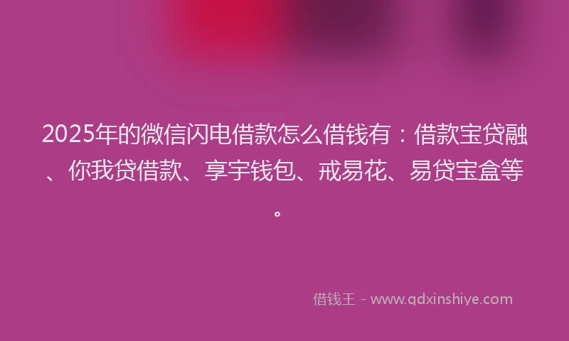 2025年的微信闪电借款怎么借钱有：借款宝贷融、你我贷借款、享宇钱包、戒易花、易贷宝盒等。