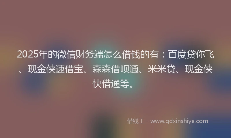 2025年的微信财务端怎么借钱的有：百度贷你飞、现金侠速借宝、森森借呗通、米米贷、现金侠快借通等。