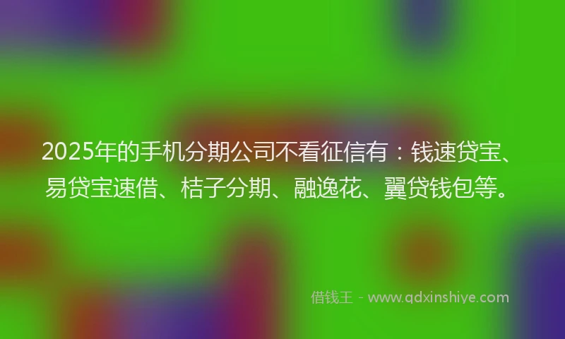 2025年的手机分期公司不看征信有：钱速贷宝、易贷宝速借、桔子分期、融逸花、翼贷钱包等。