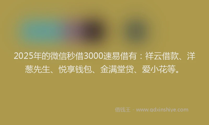 2025年的微信秒借3000速易借有：祥云借款、洋葱先生、悦享钱包、金满堂贷、爱小花等。