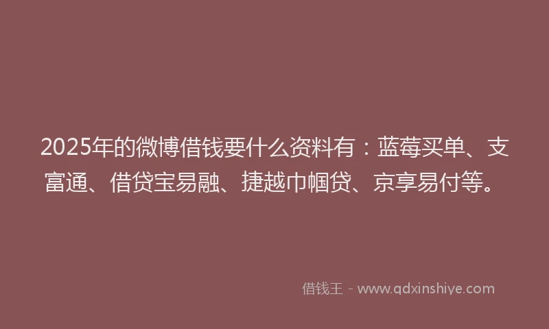 2025年的微博借钱要什么资料有：蓝莓买单、支富通、借贷宝易融、捷越巾帼贷、京享易付等。