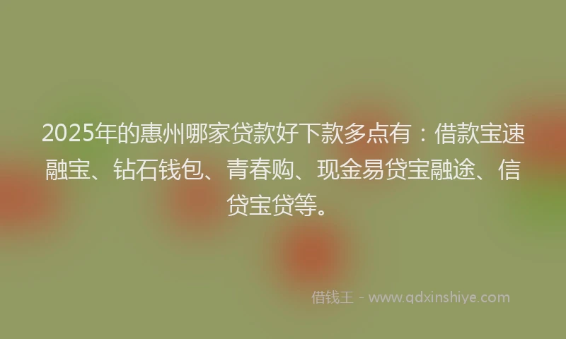2025年的惠州哪家贷款好下款多点有：借款宝速融宝、钻石钱包、青春购、现金易贷宝融途、信贷宝贷等。