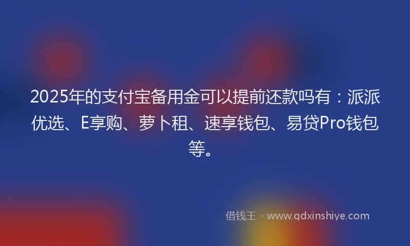 2025年的支付宝备用金可以提前还款吗有：派派优选、E享购、萝卜租、速享钱包、易贷Pro钱包等。