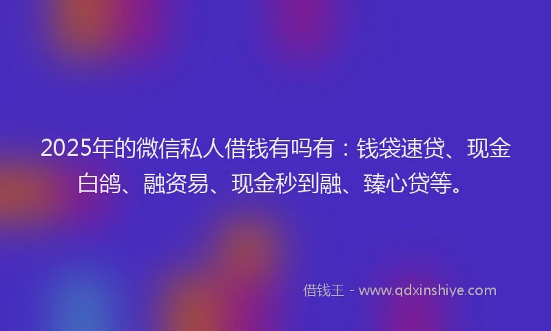 2025年的微信私人借钱有吗有：钱袋速贷、现金白鸽、融资易、现金秒到融、臻心贷等。
