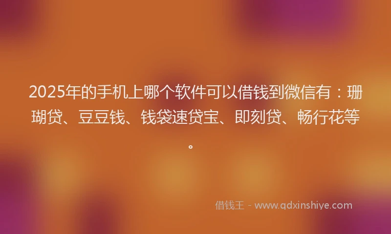 2025年的手机上哪个软件可以借钱到微信有：珊瑚贷、豆豆钱、钱袋速贷宝、即刻贷、畅行花等。