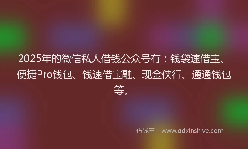 2025年的微信私人借钱公众号有：钱袋速借宝、便捷Pro钱包、钱速借宝融、现金侠行、通通钱包等。