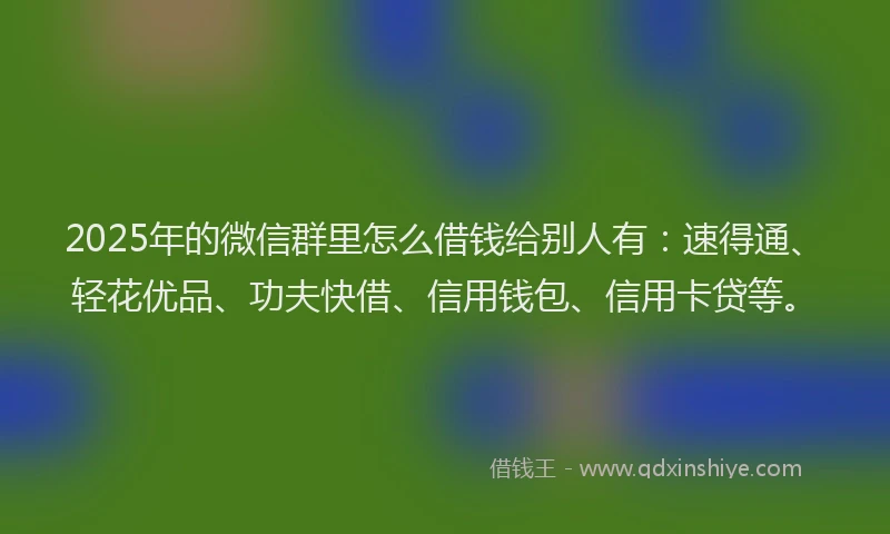 2025年的微信群里怎么借钱给别人有：速得通、轻花优品、功夫快借、信用钱包、信用卡贷等。