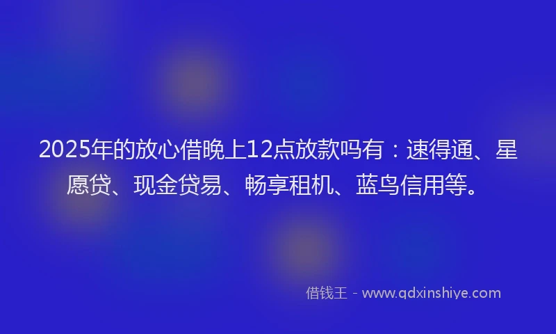 2025年的放心借晚上12点放款吗有：速得通、星愿贷、现金贷易、畅享租机、蓝鸟信用等。
