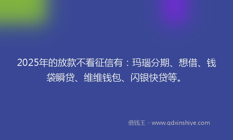 2025年的放款不看征信有：玛瑙分期、想借、钱袋瞬贷、维维钱包、闪银快贷等。