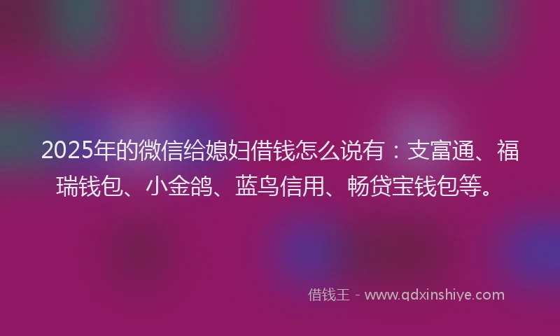 2025年的微信给媳妇借钱怎么说有：支富通、福瑞钱包、小金鸽、蓝鸟信用、畅贷宝钱包等。