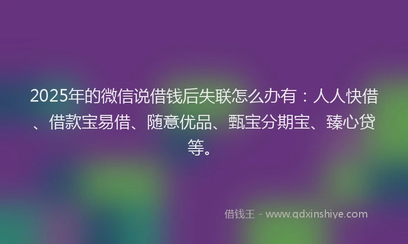2025年的微信说借钱后失联怎么办有：人人快借、借款宝易借、随意优品、甄宝分期宝、臻心贷等。