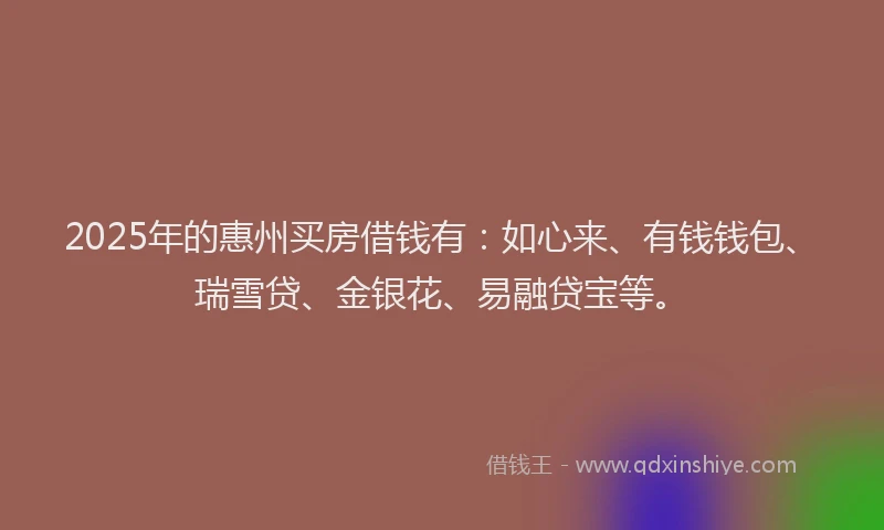 2025年的惠州买房借钱有：如心来、有钱钱包、瑞雪贷、金银花、易融贷宝等。