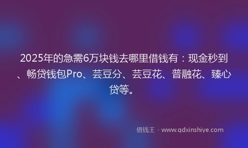 2025年的急需6万块钱去哪里借钱有：现金秒到、畅贷钱包Pro、芸豆分、芸豆花、普融花、臻心贷等。