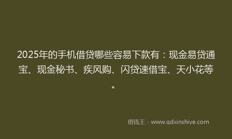 2025年的手机借贷哪些容易下款有：现金易贷通宝、现金秘书、疾风购、闪贷速借宝、天小花等。