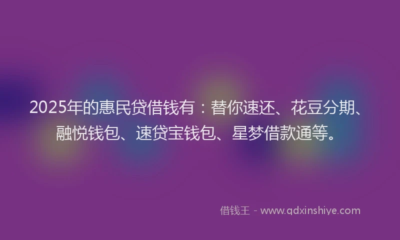 2025年的惠民贷借钱有：替你速还、花豆分期、融悦钱包、速贷宝钱包、星梦借款通等。