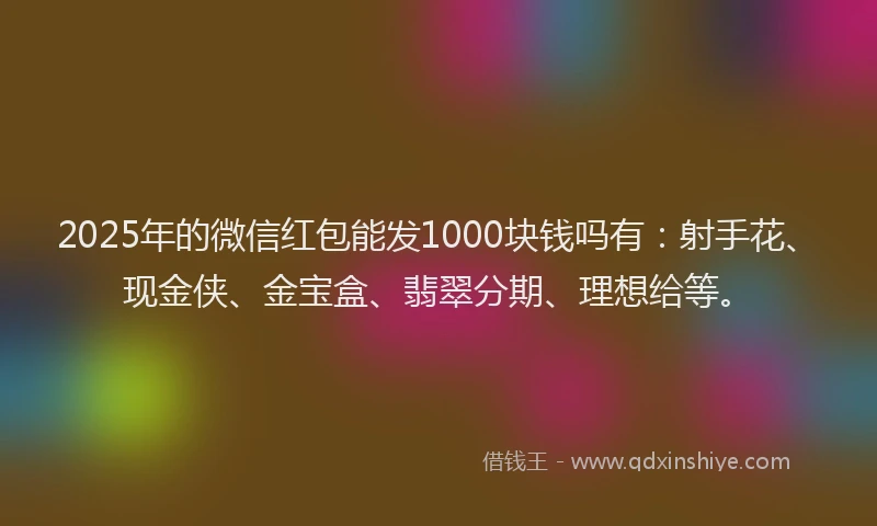 2025年的微信红包能发1000块钱吗有：射手花、现金侠、金宝盒、翡翠分期、理想给等。