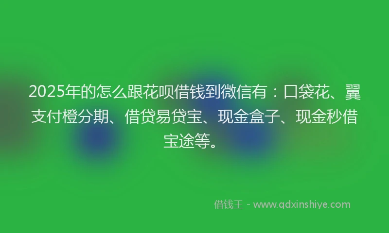 2025年的怎么跟花呗借钱到微信有：口袋花、翼支付橙分期、借贷易贷宝、现金盒子、现金秒借宝途等。