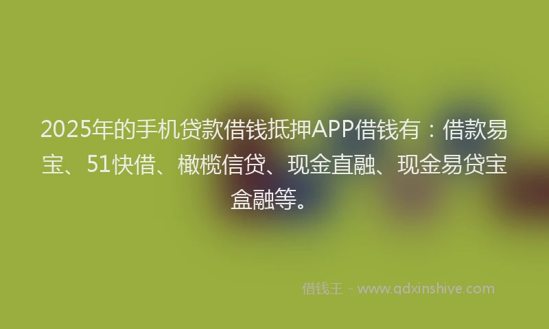 2025年的手机贷款借钱抵押APP借钱有：借款易宝、51快借、橄榄信贷、现金直融、现金易贷宝盒融等。