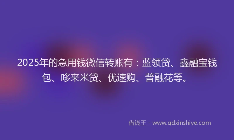 2025年的急用钱微信转账有：蓝领贷、鑫融宝钱包、哆来米贷、优速购、普融花等。