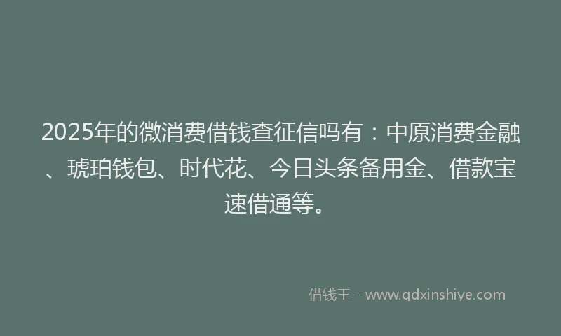 2025年的微消费借钱查征信吗有：中原消费金融、琥珀钱包、时代花、今日头条备用金、借款宝速借通等。