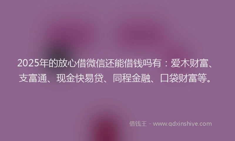 2025年的放心借微信还能借钱吗有：爱木财富、支富通、现金快易贷、同程金融、口袋财富等。