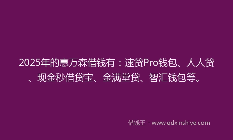 2025年的惠万森借钱有：速贷Pro钱包、人人贷、现金秒借贷宝、金满堂贷、智汇钱包等。