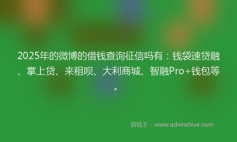 2025年的微博的借钱查询征信吗有：钱袋速贷融、掌上贷、来租呗、大利商城、智融Pro+钱包等。