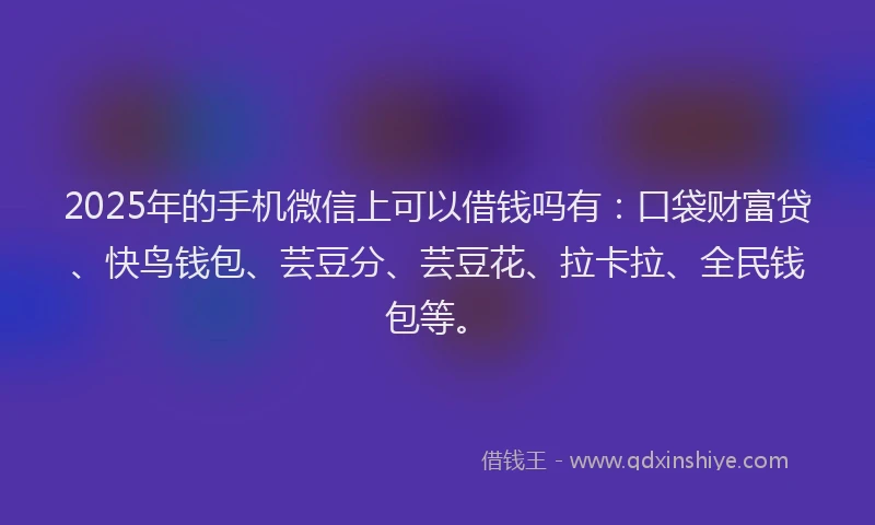 2025年的手机微信上可以借钱吗有：口袋财富贷、快鸟钱包、芸豆分、芸豆花、拉卡拉、全民钱包等。