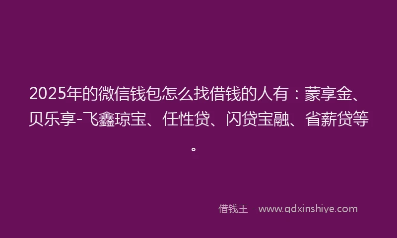 2025年的微信钱包怎么找借钱的人有：蒙享金、贝乐享-飞鑫琼宝、任性贷、闪贷宝融、省薪贷等。