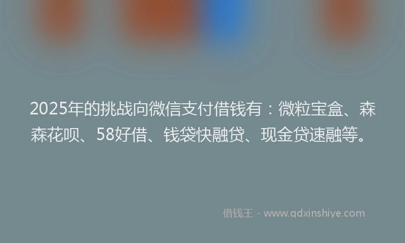2025年的挑战向微信支付借钱有：微粒宝盒、森森花呗、58好借、钱袋快融贷、现金贷速融等。