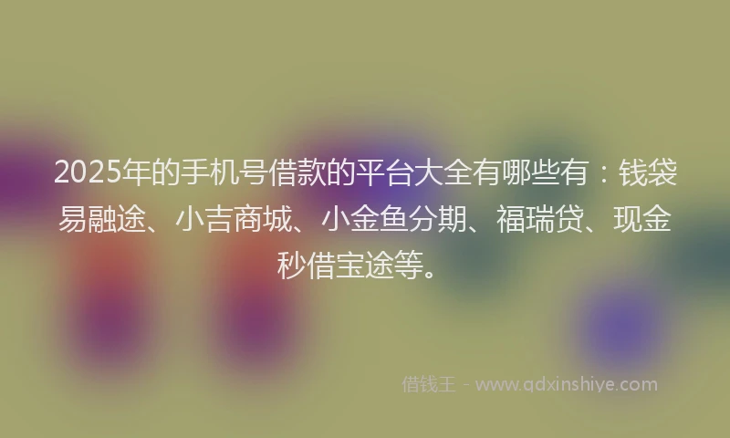 2025年的手机号借款的平台大全有哪些有：钱袋易融途、小吉商城、小金鱼分期、福瑞贷、现金秒借宝途等。