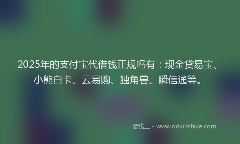 2025年的支付宝代借钱正规吗有：现金贷易宝、小熊白卡、云易购、独角兽、瞬信通等。